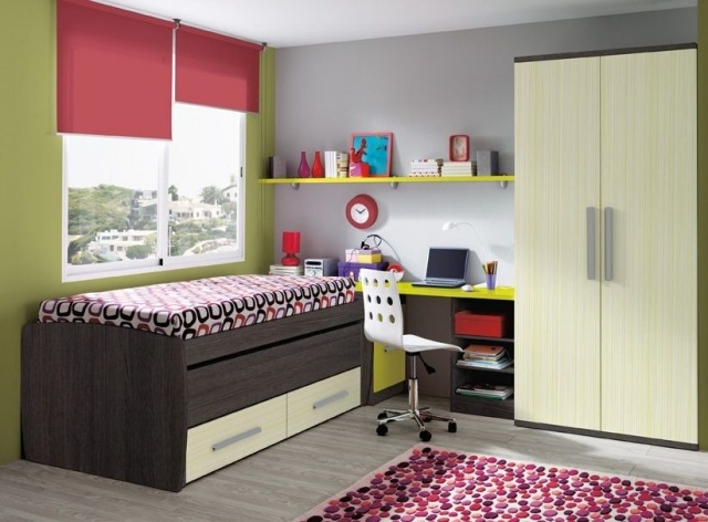 moderna-barnrum-möbler-unisex-mörkt-trä-faner-gul-grå-vägg-färg