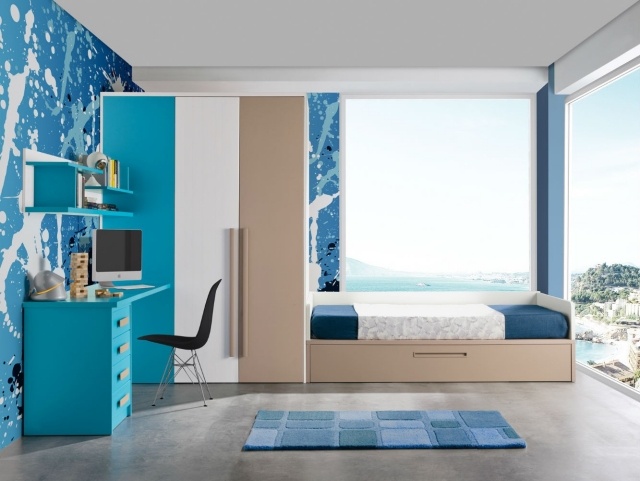 modern-barn-rum-möblering-pojke-möbler-blå-beige-intressant-vägg-design