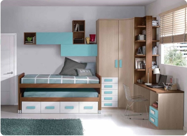 modernt-barnrum-pojke-trä-möbler-utdragbar-säng-lagring-aqua-trä-vit