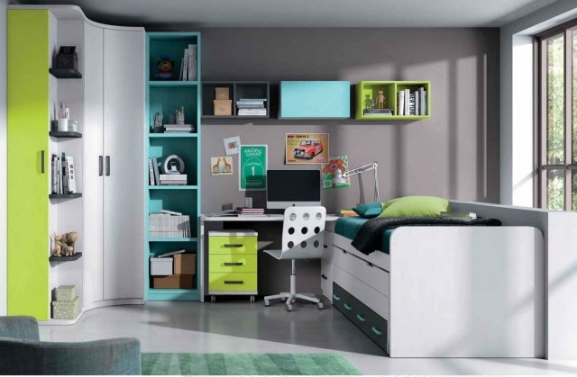 modern-barnrum-pojke-möbler-aqua-grön-grå-väggfärg