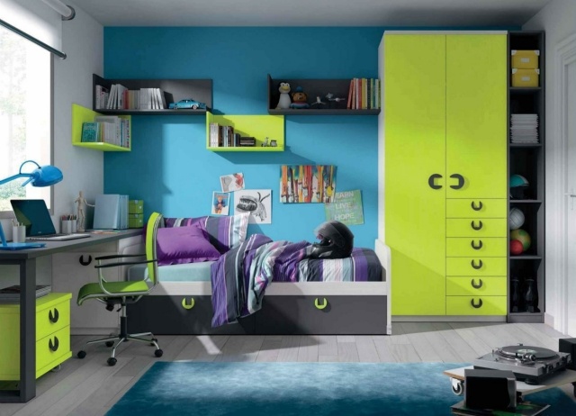 modern-barnrum-pojke-möbler-neon-grön-grå-blå-vägg-färg