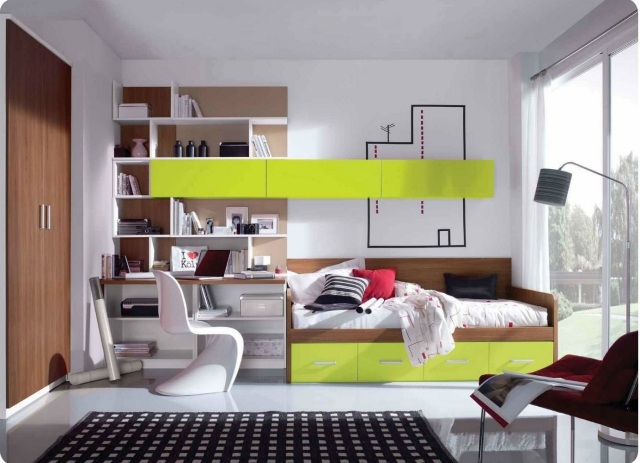 Inred modern kinzerzimmer-pojke-vit-trä-neon grön-accenter