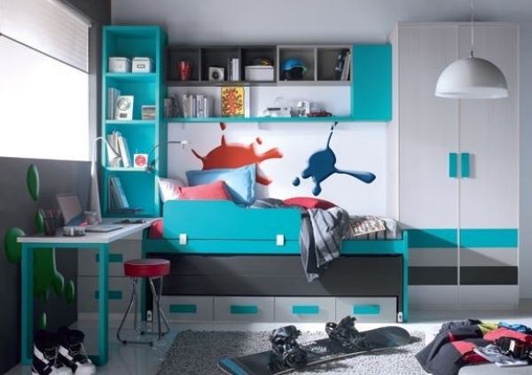 Möbel-set-barnrum-kunge-turkos-blå-grå-vita-färger