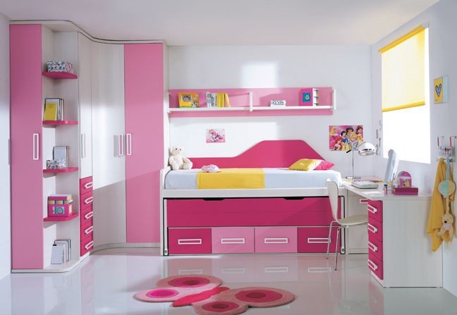 Möbeluppsättning-barnrum-tjej-enkelsäng-sänglåda-utdragbar säng-rosa-vit
