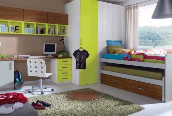 Möbeluppsättning-barnrum-neon-grönt-trä-vitt