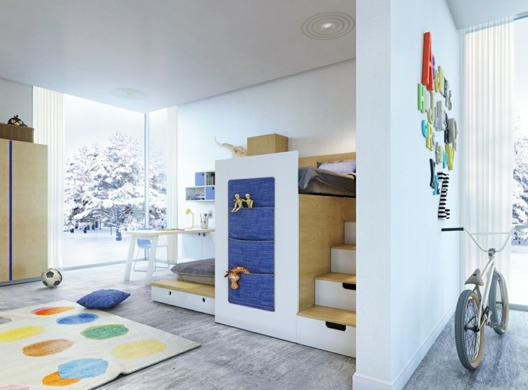 modernt barnrum original-loftsäng-färgglada-mattor-grå-golv