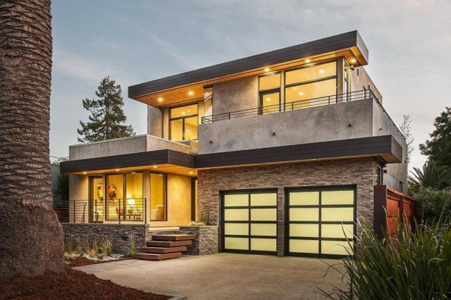 Naturstenpaneler hus fasad design modernt fast hus
