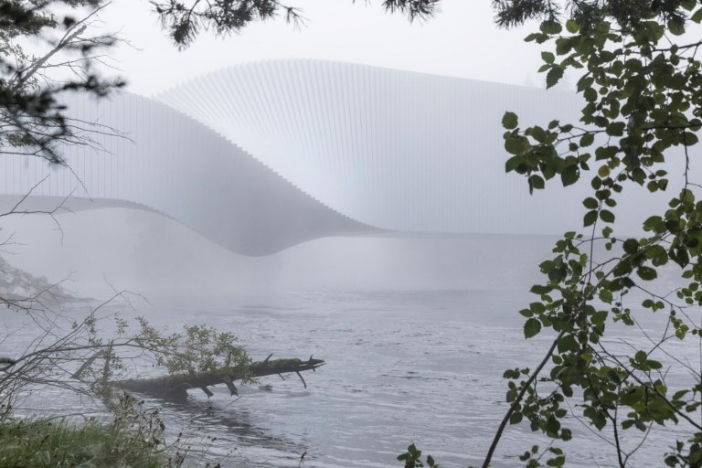 minimalistiska former och designbyggnader i dimman över en flod