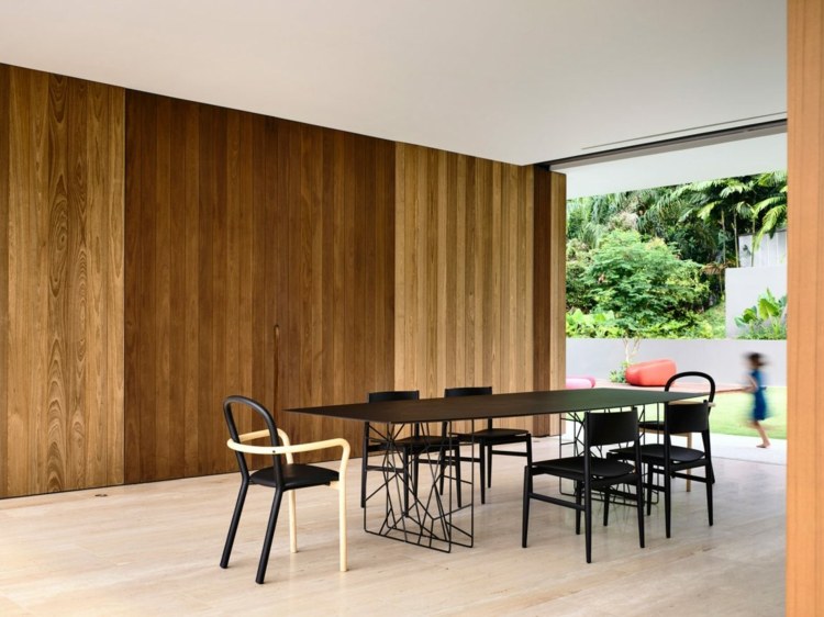 öppet vardagsrum matsal-väggbeklädnad-trä-moderna-möbler-idé