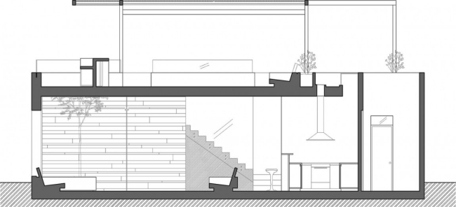 tvärsnitt bottenvåning casa seta bostadshusdesign med takterrass