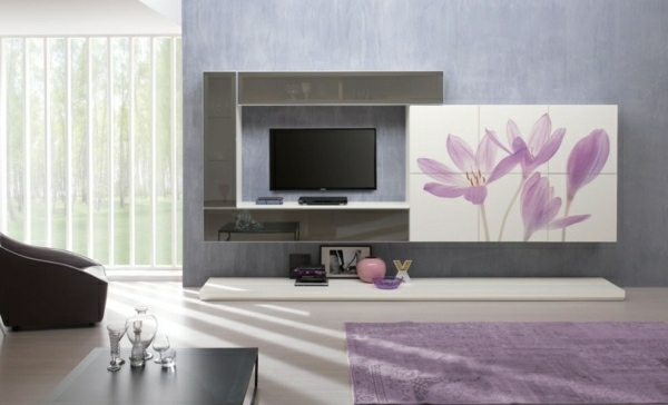 Lila-lila-blomma-ram-moduler-för-TV-grå-väggar-högglansig yta