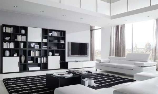 Duplex-svart-vit-färger-modern-inredning-stadsutsikt