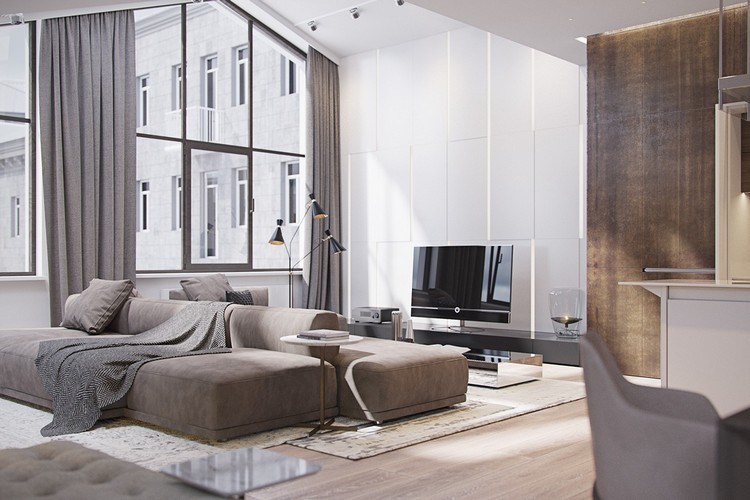 Modernt vardagsrum -xxl-soffa-taupe-trä golv-väggpaneler-led-belysning