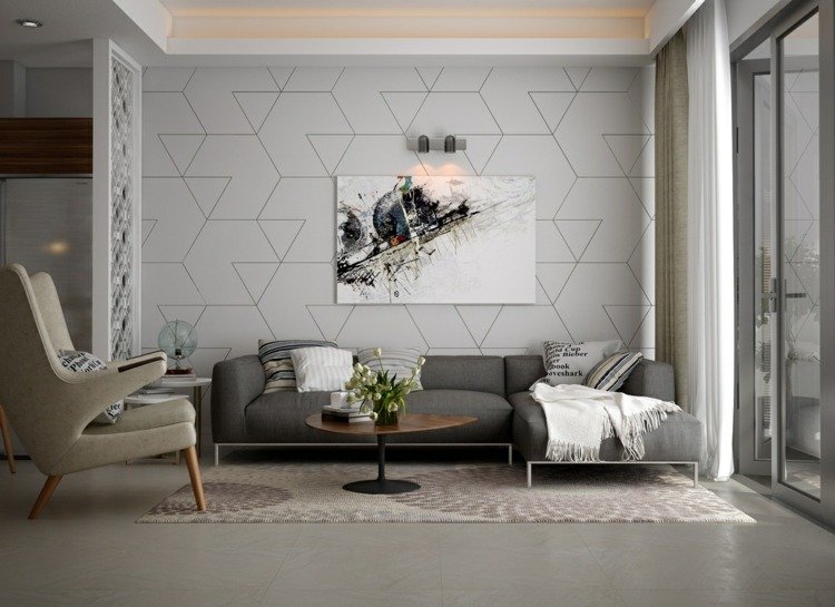 Inredning i vardagsrummet modern-grå-accent vägg-väggpaneler-inredning-idéer