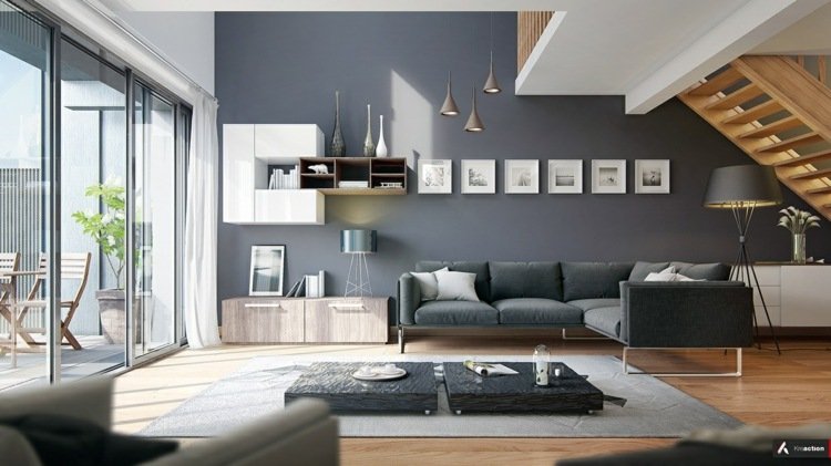 Inredning vardagsrummet modern-accent vägg-mörkgrå-minimalistisk-design