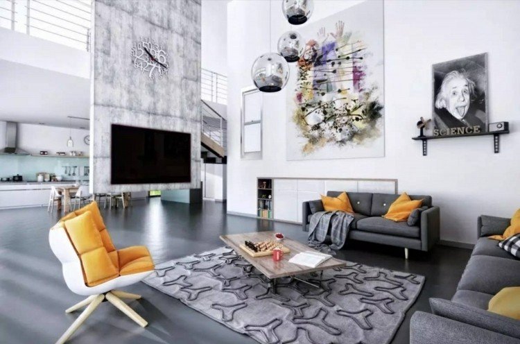 Inredning vardagsrummet modern-grå-möbler-laminat-gul-accenter
