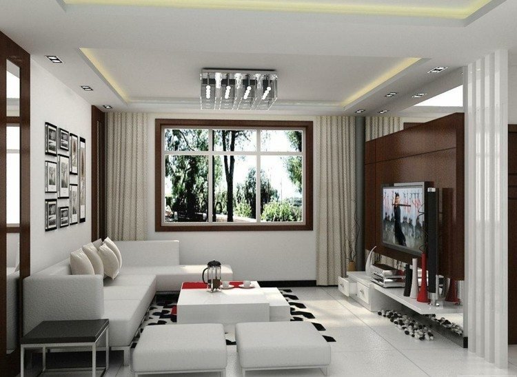 Vardagsrumsdesign brun högglans soffa vit modern