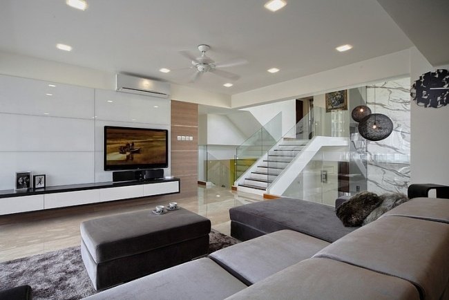 vardagsrumsdesign idéer vit högglans tv -stativ grå möbler