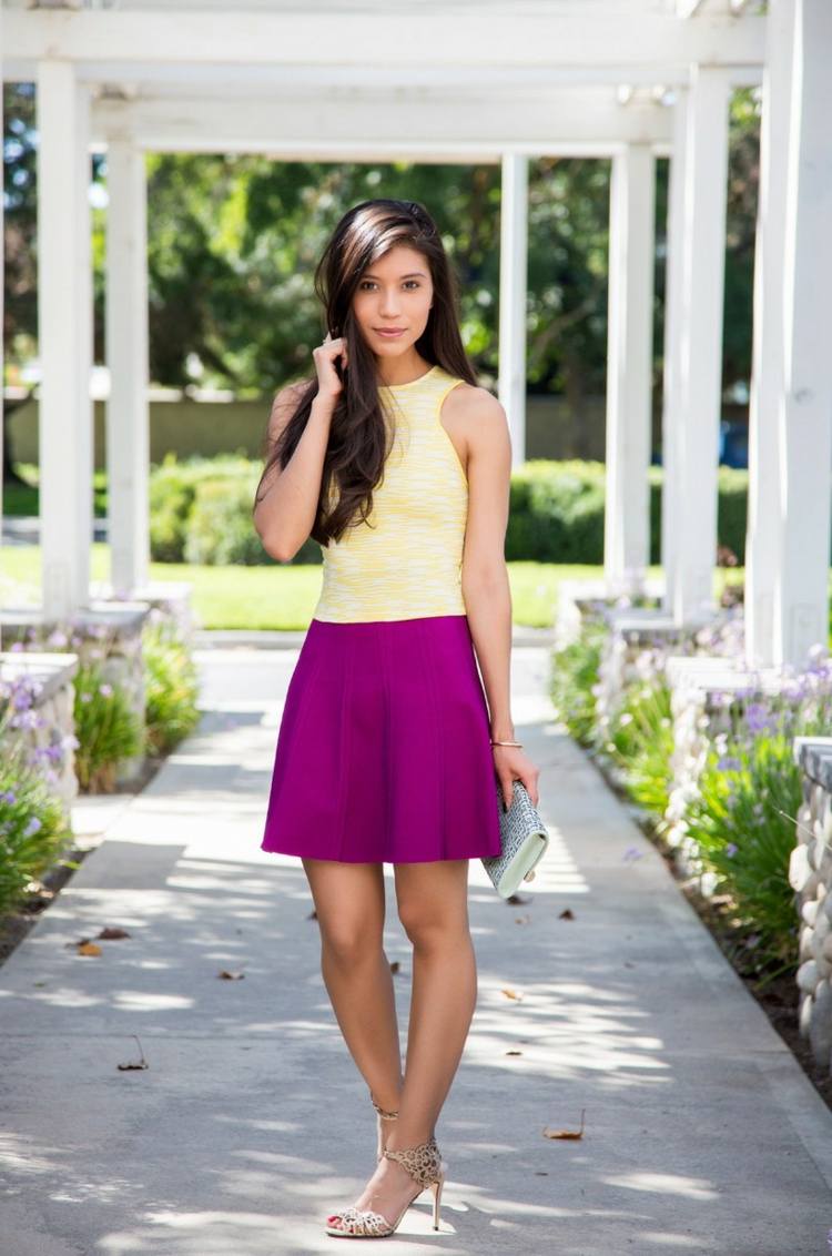 Modetrender 2015 lila kjol kort gul topp ärmlös blus