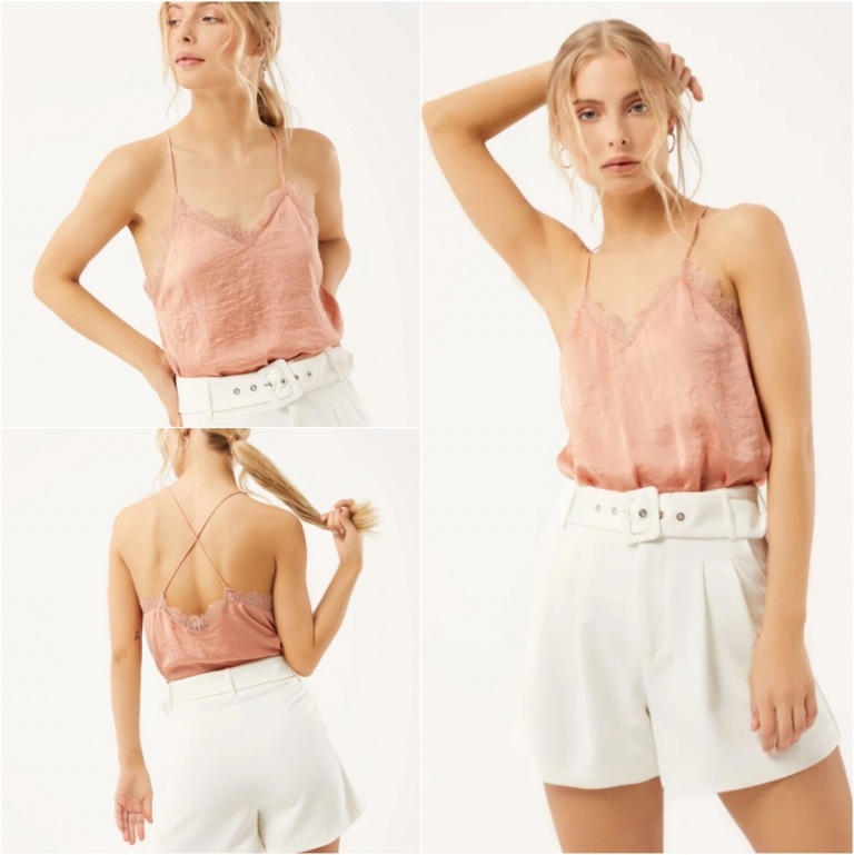 Modetrender för sommaren 2019 Cami-topp med spetspulverrosa shorts med hög midja