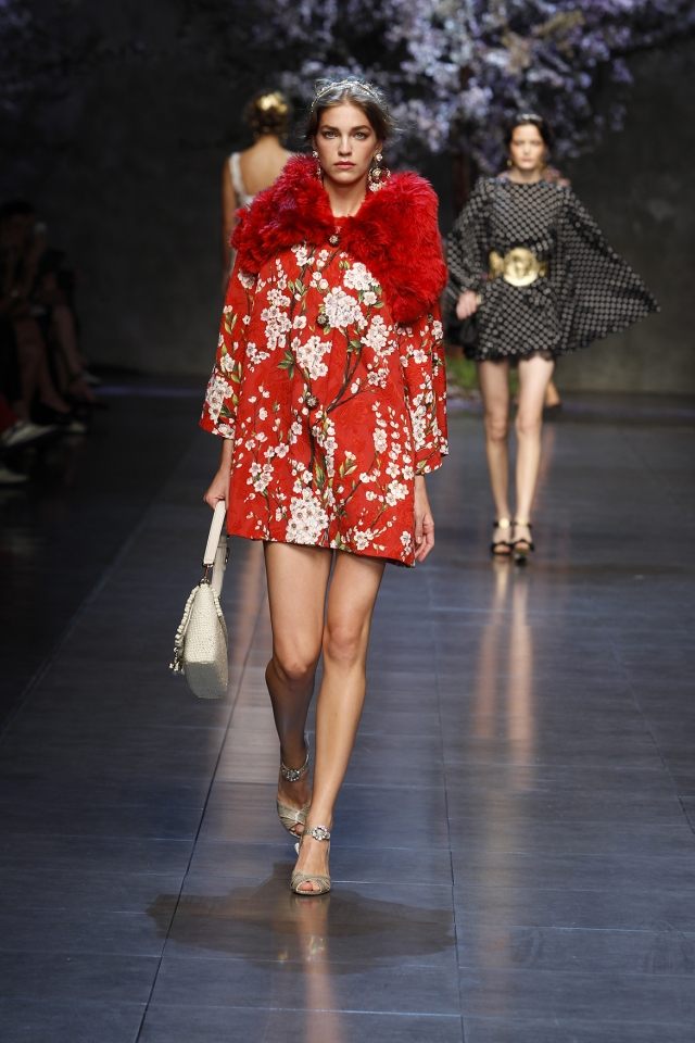 Fashion week-milano dolce och gabbana-modetrender 2014 ekologiskt läder röd päls