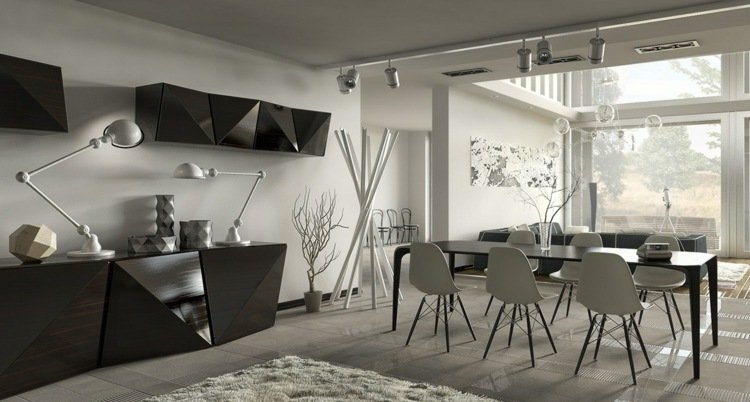 lyxig lägenhet monokrom skänk geometrisk design trä matbord