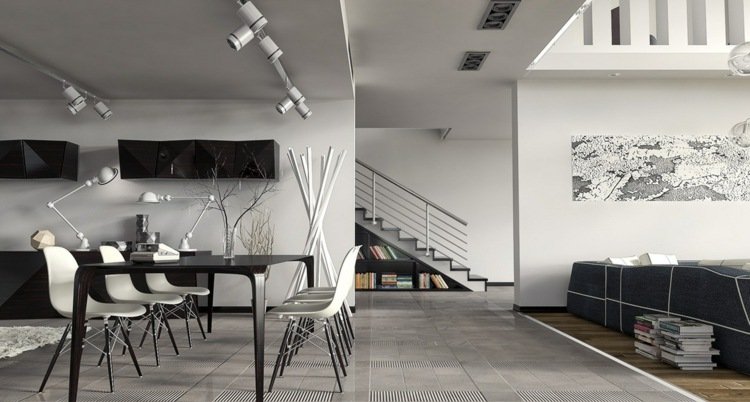 lyxig lägenhet monokrom matbord golvplattor grå hyllor