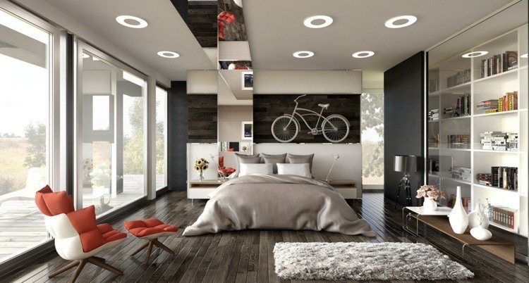 monokrom lyxig lägenhet sovrum fåtölj matta laminat