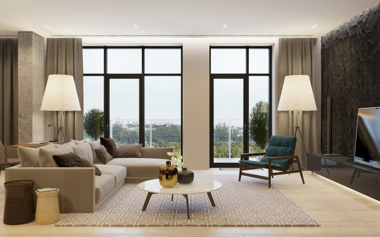 lyxig lägenhet monokrom vardagsrum inredning beige soffbord fönster