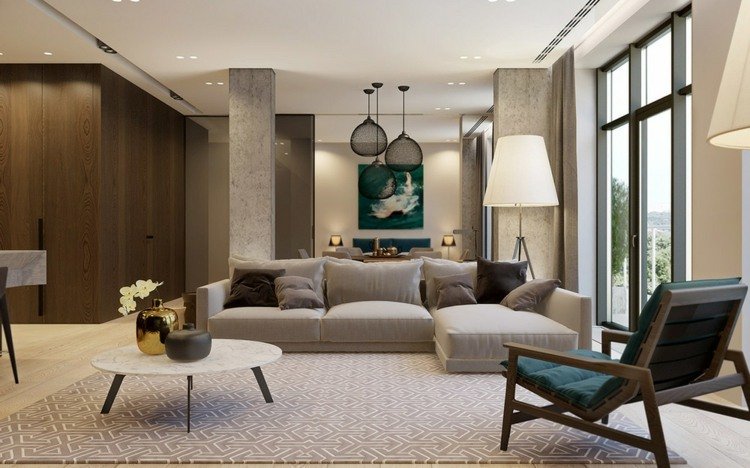 lyxig lägenhet monokrom fåtölj grå soffa interiör