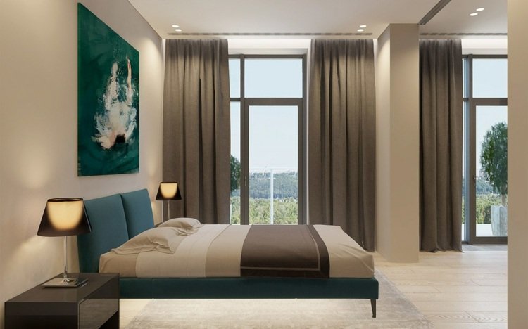 lyxig lägenhet i svartvit zen stil sovrum gardiner grå