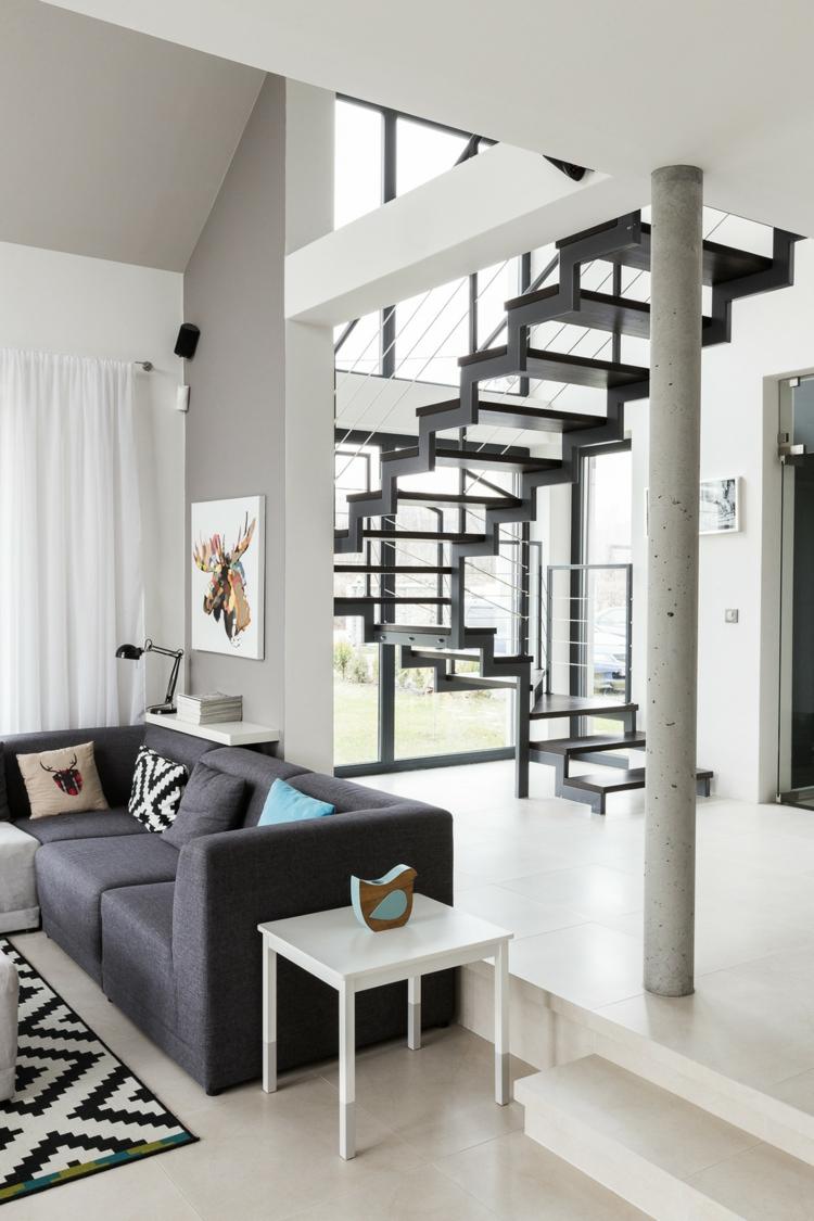 monokrom lyxig lägenhet trappa metall modernt soffa sidobord