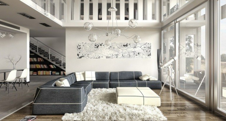 lyxig lägenhet svartvit matta trappa hylla vit grå möbler