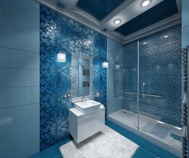 badrum-blå-duschkabin-glas-skjutdörr-mosaik