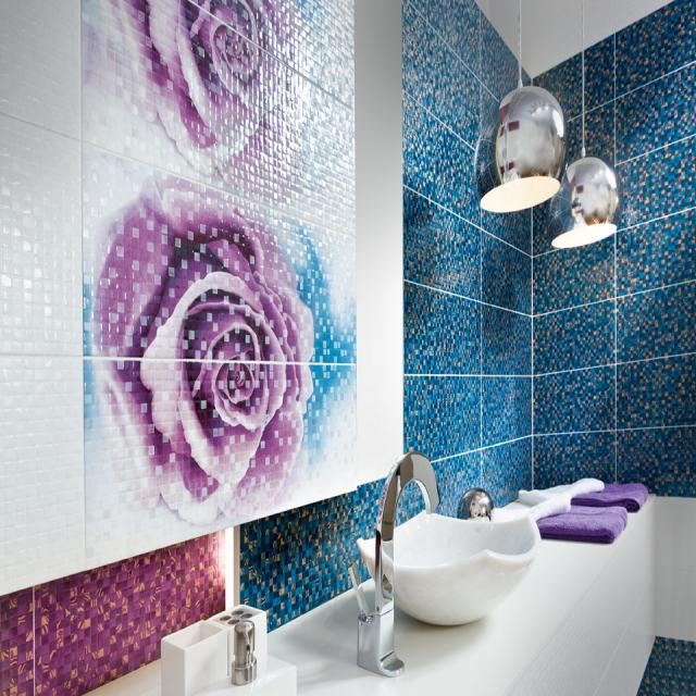 Kakel för badrumsmosaik blå-lila-ros-målningar