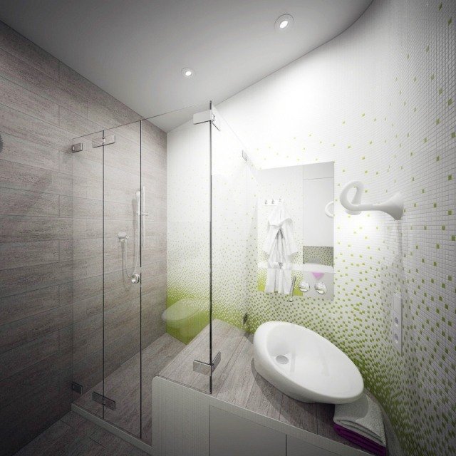 badrum-design-glas dusch-vägg-mosaikplattor-grön-vit