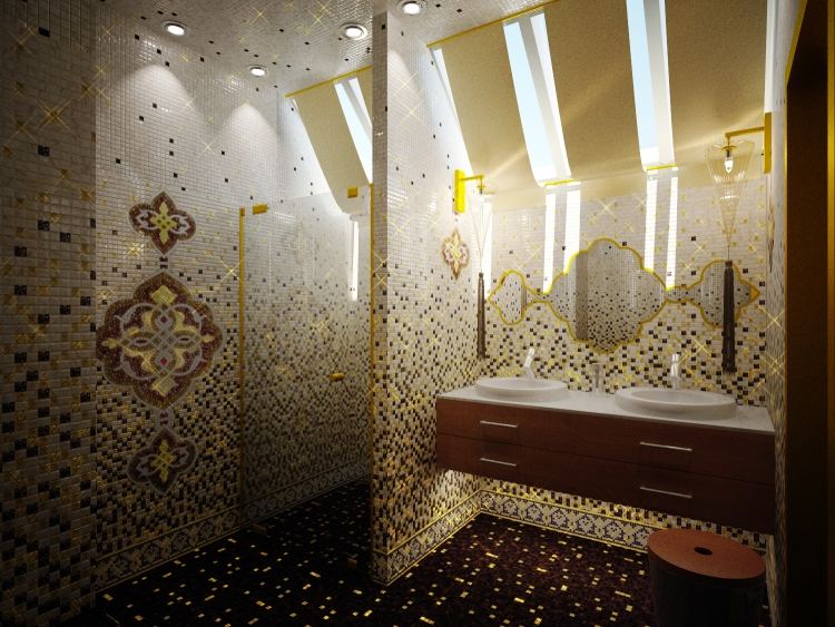 mosaik-kakel-badrum-guld-brun-prydnad-fåfänga-handfat-duschkabin-belysning-dubbel tvättställ