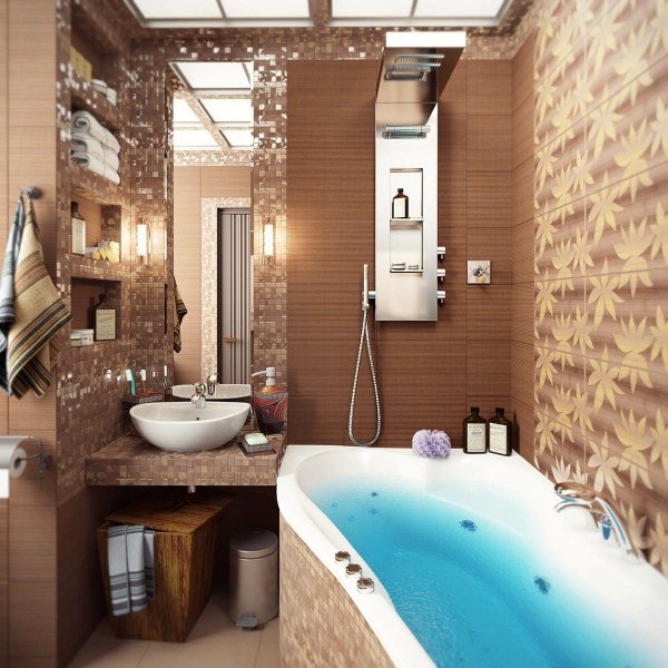 mosaikplattor badrum brun ljust beige badkar