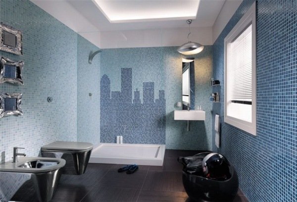 mosaikplattor för badrum blå stad silhuett