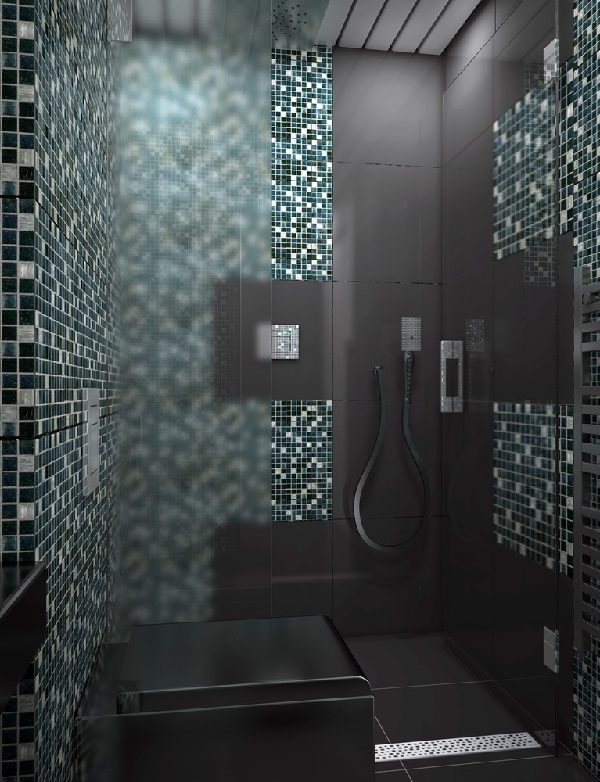 badrum storformat grå kakelmosaik accent