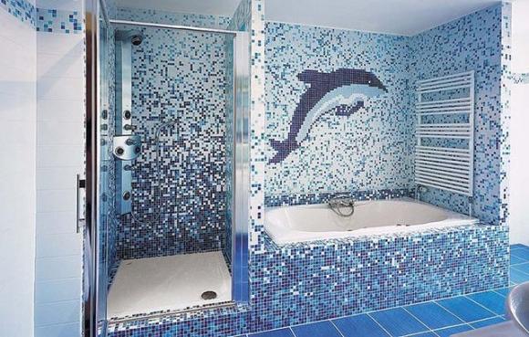 mosaik badrumsplattor mörk ljusblå sammanfoga delfin