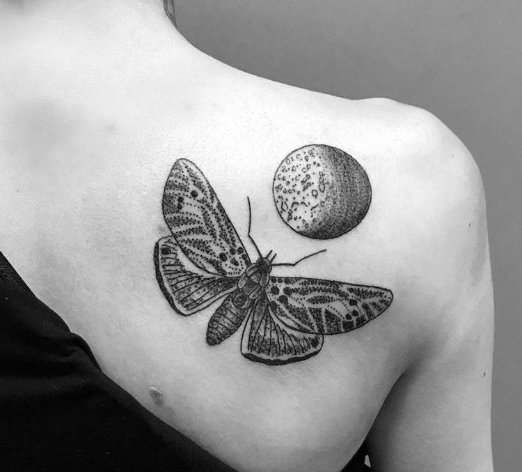 tattoo moth moon woman meaning dotwork shoulder blade
