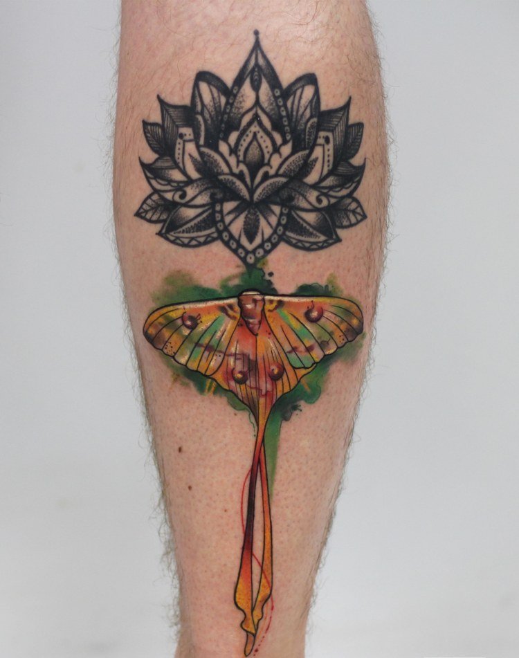 Akvarell tatuering moth lotusblomma ben kalv