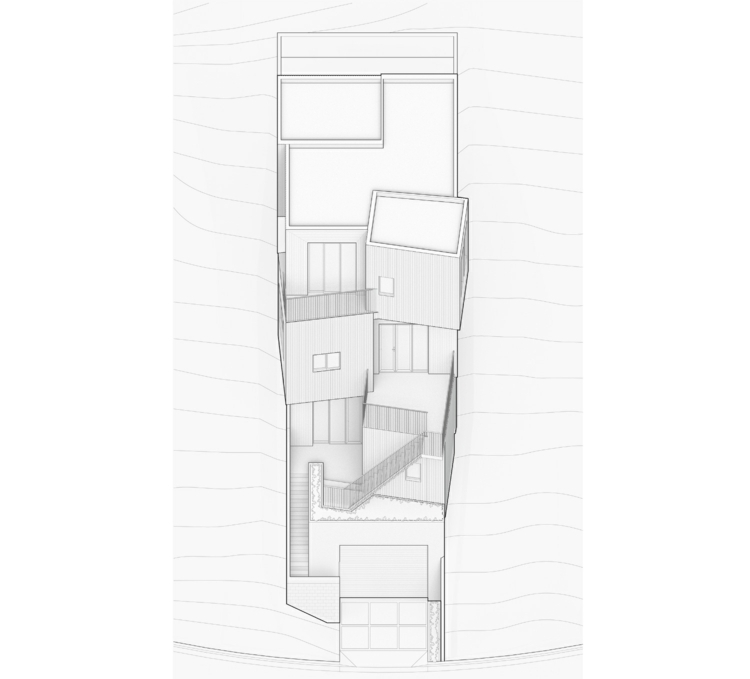vertikalt arrangemang fyra våningar hus på en sluttning planlösning stapel hus