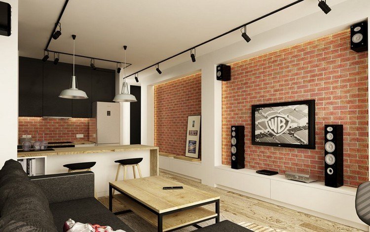 Underhållning hemma vardagsrum-industriell-design-tegelvägg-trä-svart