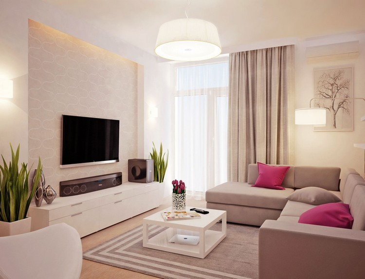 hem-underhållning-hem-vägg-platt-TV-beige-vitt-vardagsrum