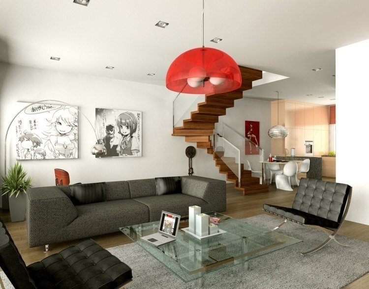 Inred vardagsrummet enligt Feng Shui -modern spik ljus-röd-soffa-trappor-trägolv-öppet utrymme