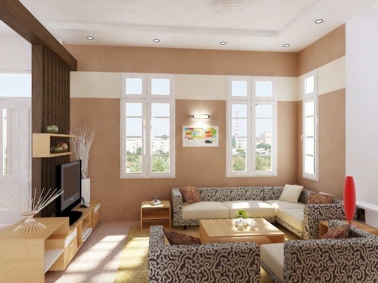 Feng Shui vardagsrum inredning -moderna mönster-klädsel-beige-fönster-tv-soffbord