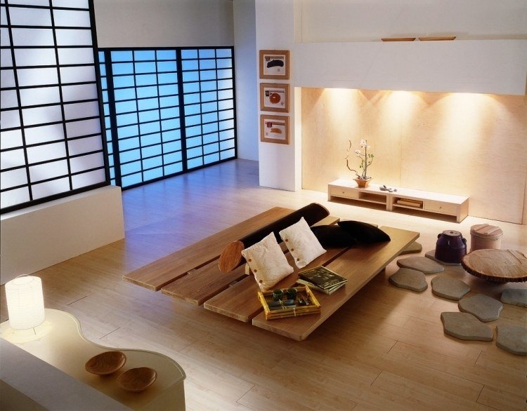 feng-shui-vardagsrum-inredning-modern-minimalistisk-trä-sits-ö-stenar-indirekt-belysning