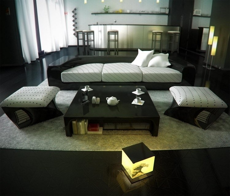 feng-shui-vardagsrum-inredning-modern-högglans-svart-vit-soffa-pall-öppen